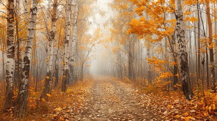 Wall Mural - a forest with a road in the middle of it. the road is covered in leaves and the trees are orange