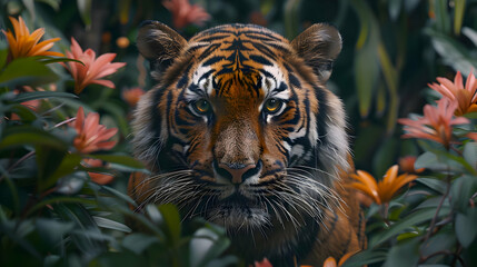 Wall Mural - close up of Tiger through leaves in the Jungle