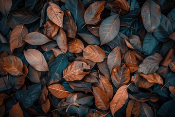 Wall Mural - tropical fallen dry brown leaves in the wood - generative ai