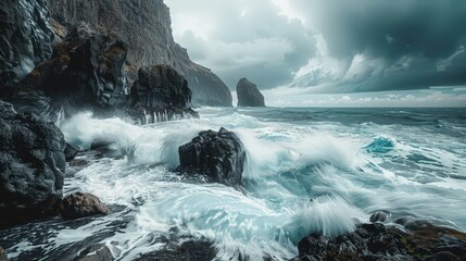 A rocky coastline is sculpted by crashing waves, showcasing the raw power and beauty of the ocean