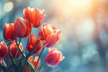 Wall Mural - a bouquet of red tulips with a blue background. the tulips are the main focus of the image, and they