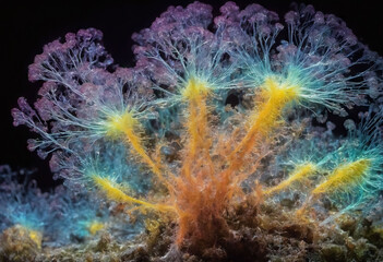 microscope of mucous mold exploding in natural habitat, transparent filaments, shimmering spores. mi
