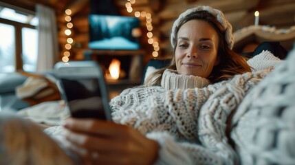 Wall Mural - A woman comfortably dressed in a knit sweater and beanie, lounges on a couch reading her phone, with a glowing fireplace in the background of the cozy cabin setting.