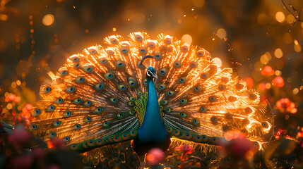 Wall Mural - Peacock displayed on floral background illustration