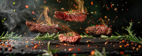 Wall Mural - A close up of a piece of meat with a lot of seasoning on it. Free copy space for text.