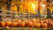 © Adisorn - Vibrant orange pumpkins scattered around a rustic farm fence, surrounded by lush greenery and warm autumn foliage, capturing the essence of a joyful harvest celebration.