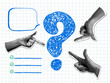 © Morena - Modern collage with pointing hands and question mark. Halftone part of body. Doodle style question mark, speech bubble, checkbox. FAQ sign. Question answer sign. Problem and solution concept