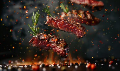 Wall Mural - A close up of a piece of meat with a lot of seasoning on it. Free copy space for text.