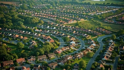 Aerial view of an English suburban area with rows of single family houses