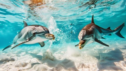 Wall Mural - Two Dolphins Playing in the Blue Ocean.