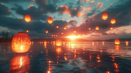 Wall Mural - paper lanterns ascend into the sky