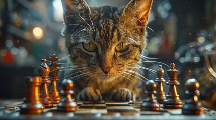 Wall Mural - cat playing chess