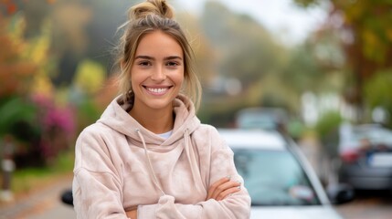 Wall Mural - A young woman in casual attire smiles confidently while standing outside on a street with autumn leaves, wearing a pink hoodie and posing against a blurred background.