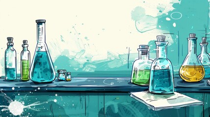 Wall Mural - science lab experiment, lab table cluttered with chemical flasks and equipment, illustrated scene of