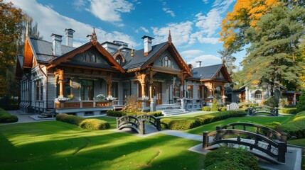 picturesque suburban cottage with ornate wooden details and a soft gray facade, featuring a beautifully manicured lawn and a series of small, decorative garden bridges