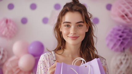 product photography of young woman presenter holding shopping bags with two hands, background is white with red stripe pattern, editorial style