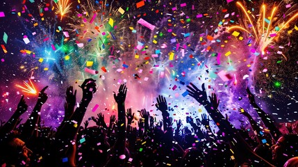 vibrant fireworks celebration people hands crowd celebration confetti party disco night sky background