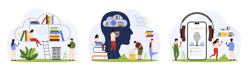 Wall Mural - digital library service, ai learning technology set. tiny people work with files storage inside huma