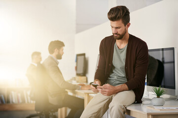 Wall Mural - man, texting and creative in office or smartphone, reading and message with app notification. browse