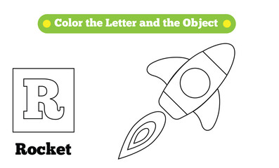 rocket and letter r alphabet coloring page for children. educational materials for a preschooler chi