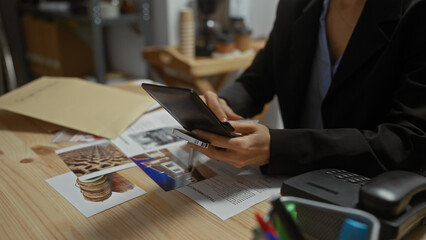 Canvas Print - Caucasian woman in office using smartphone amongst various documents.