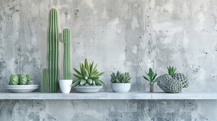 Wall Mural - Cactus arrangement on concrete wall shelf