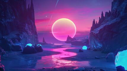 A bright pink and purple sky with a large glowing ball in the center