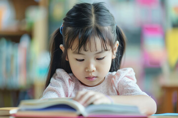 Asian girl reading a book and making homework at home, in class or in library.