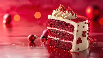 festive red velvet cake with cream cheese frosting and red sugar on a bright red background, perfect for holiday greetings