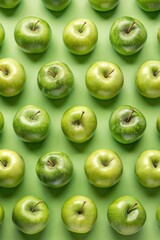 Wall Mural - Green Apples Arranged In Rows On A Green Background. Generative AI