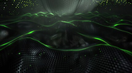 Dark plexus mesh with bright green accents, copy space in the lower center for text