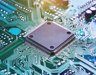 Wall Mural - close up of a microchip on a green circuit board