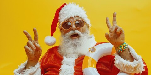 A jolly Santa Claus character holding a life preserver, suggesting a unique and humorous scene