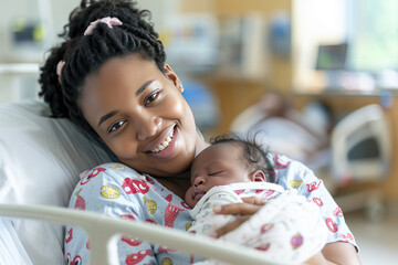 young mother holding her new born child after labor. parent and infant first moments of bonding in t