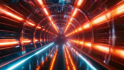 Wall Mural - futuristic tunnel with glowing orange lights and reflective surfaces