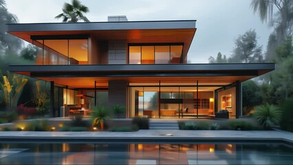 Wall Mural - modern luxurious house with pool at twilight