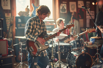 Garage band, hipster musicians playing guitar and drums, performing a live show