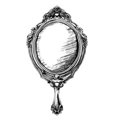 Poster - antique hand mirror engraving black and white outline