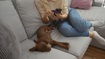 Poster - An adult woman holds a credit card and a mobile phone while sitting on a sofa with a sleeping dog in a cozy living room.