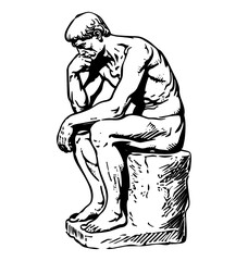 thinker statue engraving black and white outline