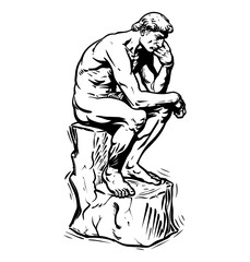 thinker statue engraving black and white outline