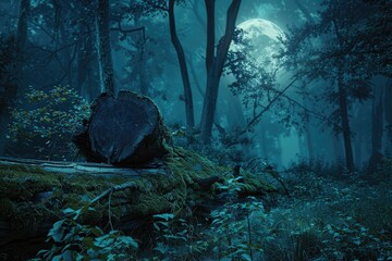 Canvas Print - a large log is sitting on a mossy log in a dark forest. the moon is shining brightly in the sky, cas