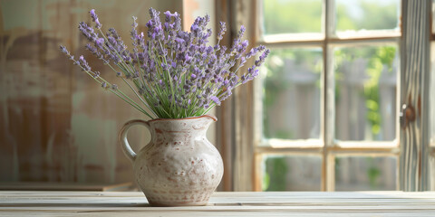 Aromatic lavender sprigs in a vintage ceramic pitcher