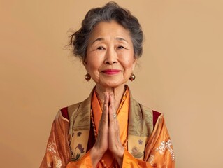 Senior Asian woman with her hands in a prayer posi 83 3 woman, beauty, smile, fashion, face, person, people, hair, dress, model, lady, smiling, red, traditional, child, happiness, one, saree 