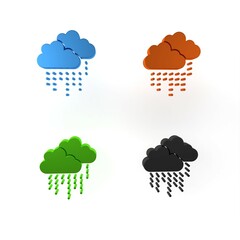 Poster - Colorful Cloud with rain icon isolated on white background. Rain cloud precipitation with rain drops. Minimalism concept. 3D render illustration