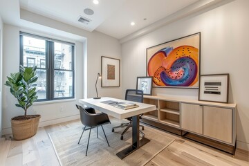 Wall Mural - Modern minimalist home office with white walls, light wood floor, floating desk, black chair, and colorful art, featuring natural lighting.