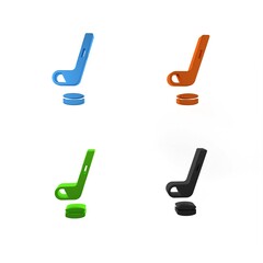 Sticker - Colorful Ice hockey stick and puck icon isolated on white background. Minimalism concept. 3D render illustration