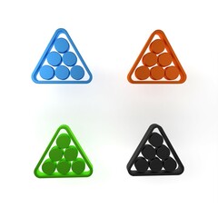 Canvas Print - Colorful Billiard balls in a rack triangle icon isolated on white background. Minimalism concept. 3D render illustration