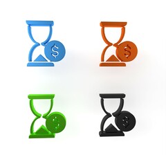 Canvas Print - Colorful Hourglass with dollar icon isolated on white background. Money time. Sandglass and money. Growth, income, savings, investment. Minimalism concept. 3D render illustration