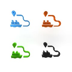 Sticker - Colorful Ship line path of ship sea route with start point GPS and black line icon isolated on white background. Minimalism concept. 3D render illustration